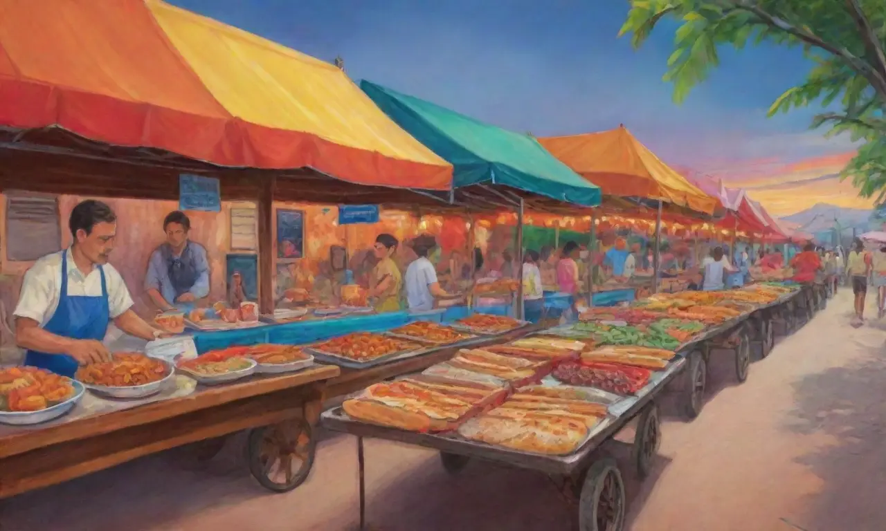 Una feria gastronómica llena de colores vibrantes y texturas ricas