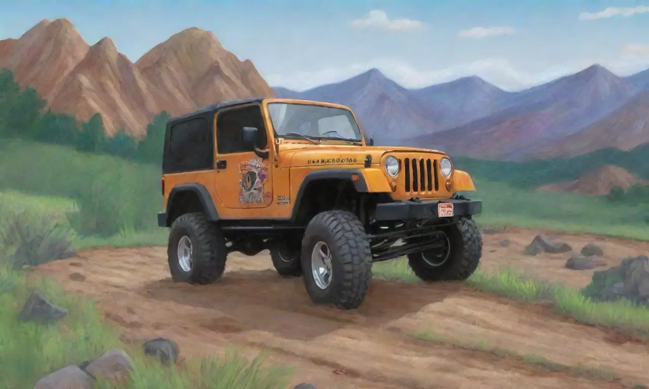 Una escena vibrante con un jeep en un camino rodeado de naturaleza y figuras distantes