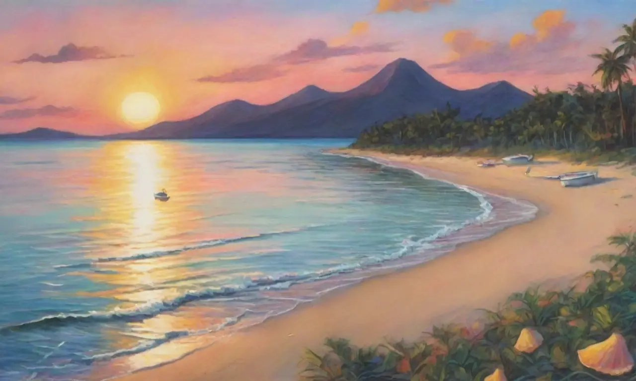 Es un paisaje vibrante de un atardecer sobre aguas tranquilas con detalles de barcos