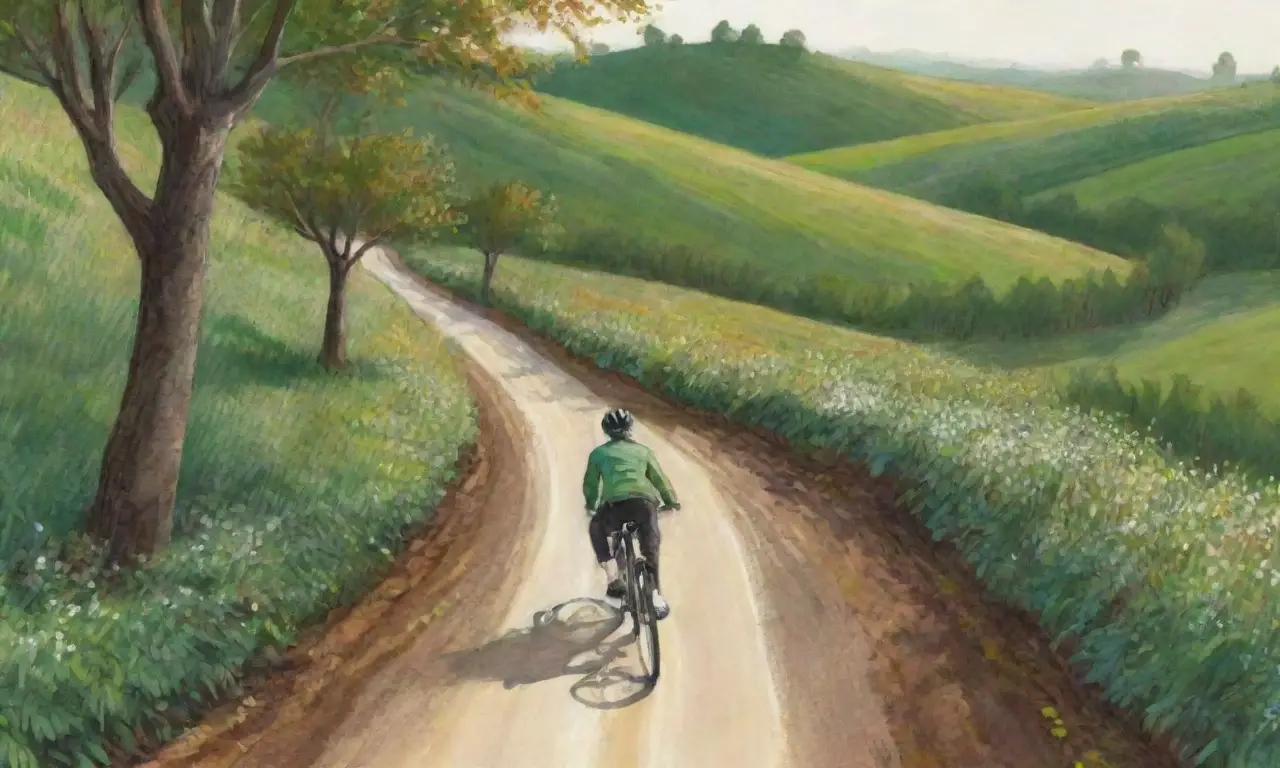 Un ciclista pasa por colinas verdes y un camino serpenteante