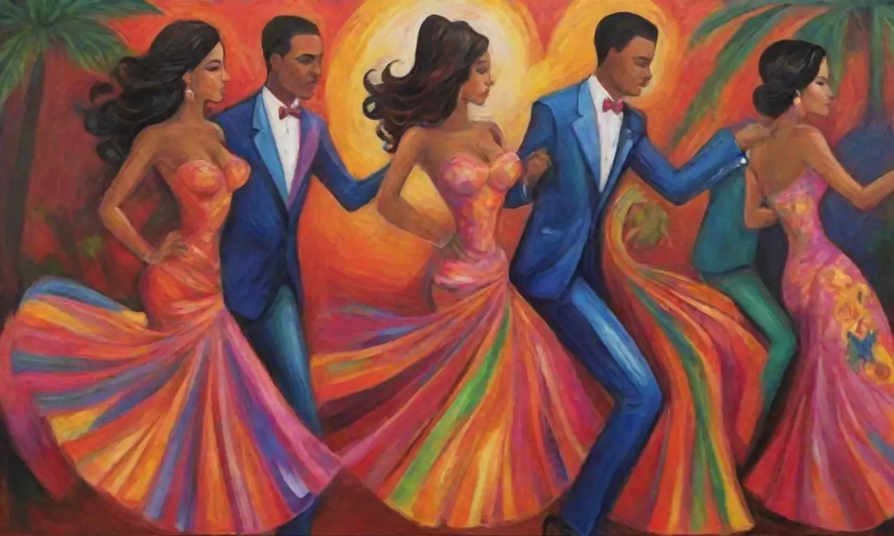 Colores vibrantes y dinámicos reflejan la esencia festiva del merengue y bachata dominicana en un lienzo lleno de movimiento
