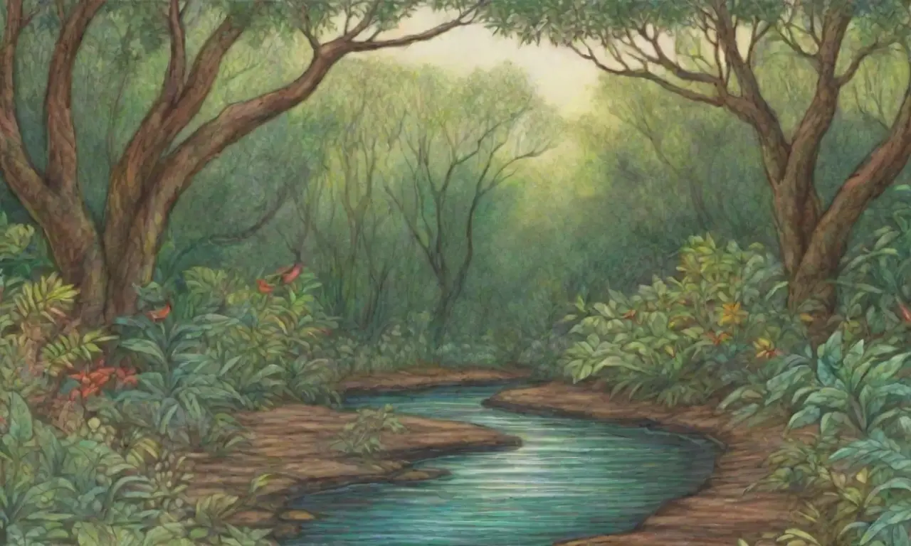 Una colorida y detallada escena de la selva llena de vida y movimiento