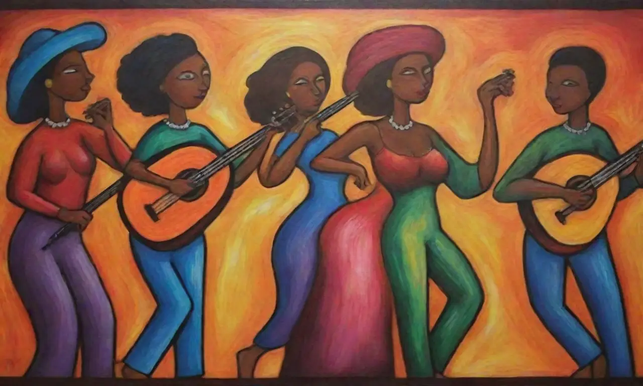 Colores vibrantes y líneas dinámicas crean una obra que evoca ritmos dominicanos y conexión cultural