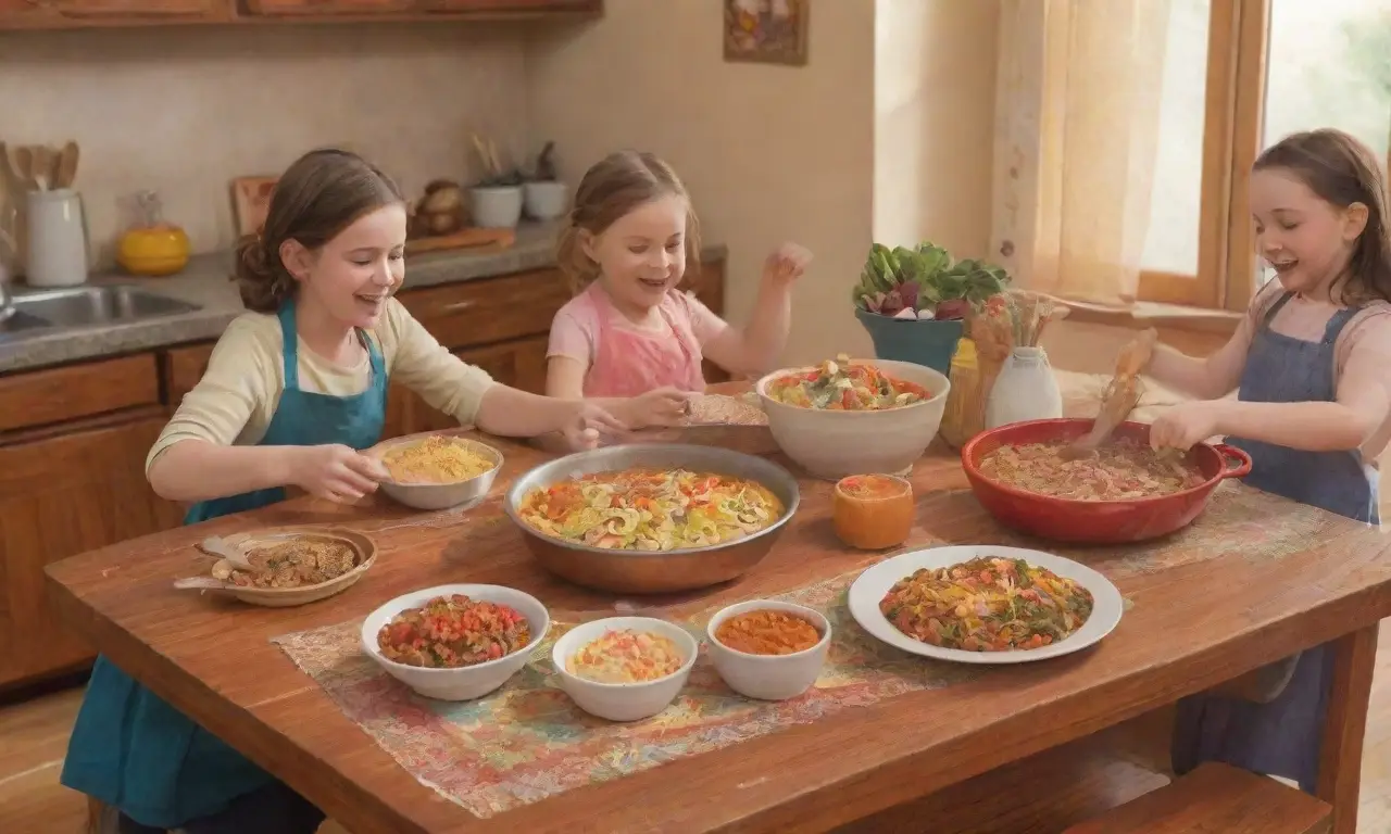 Cálida cocina familiar llena de colores vibrantes y alegría compartida en la preparación de alimentos
