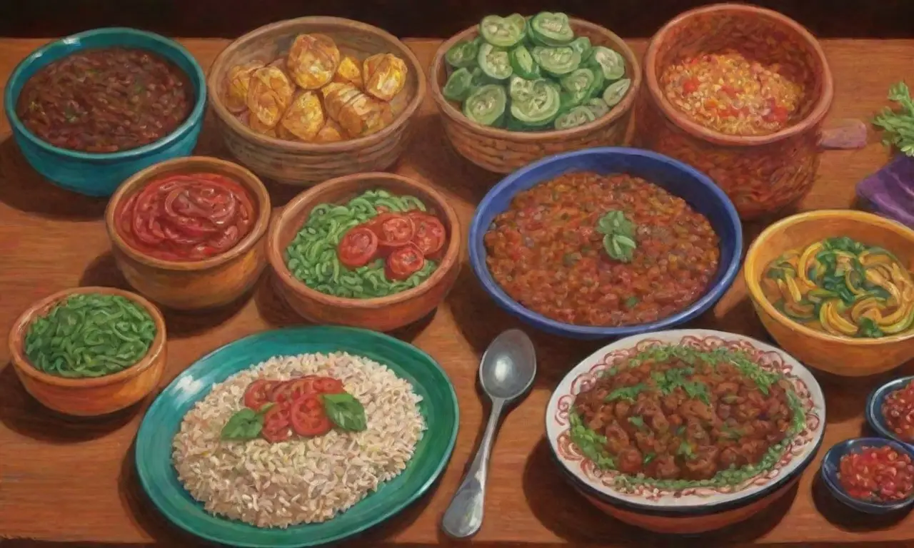 Composición culinaria vibrante y dinámica con colores cálidos y texturas ricas