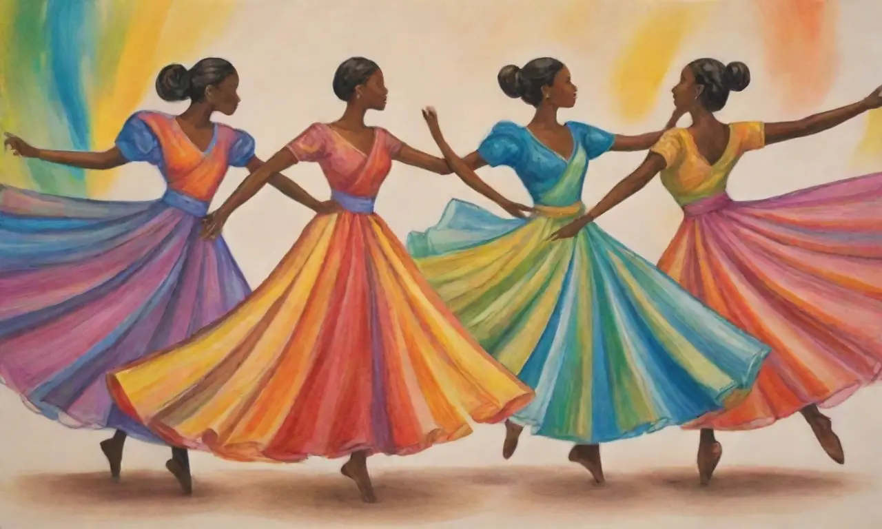 Figuras dinámicas en movimiento capturan la energía y cultura a través de colores vibrantes y detalles intrincados