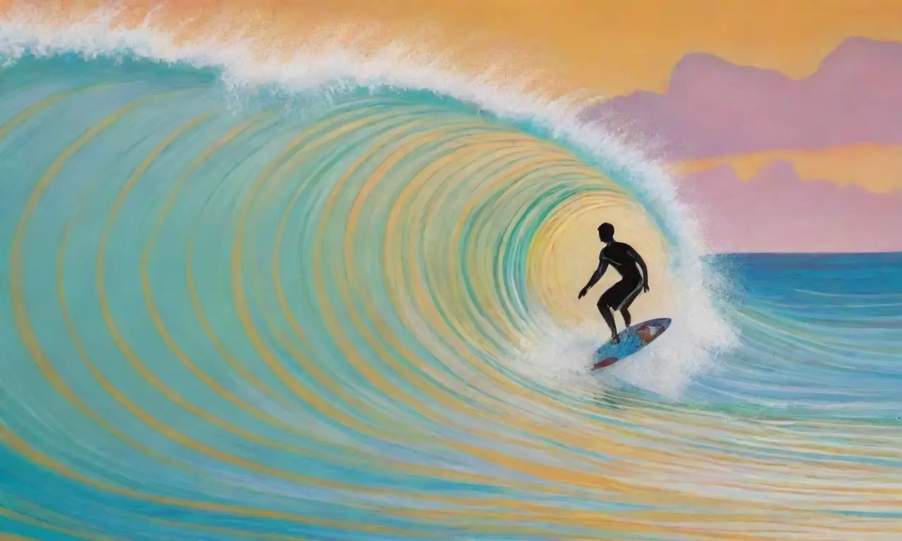 Una ola vibrante rodea a un surfista destacado en una escena caribeña llena de color y movimiento