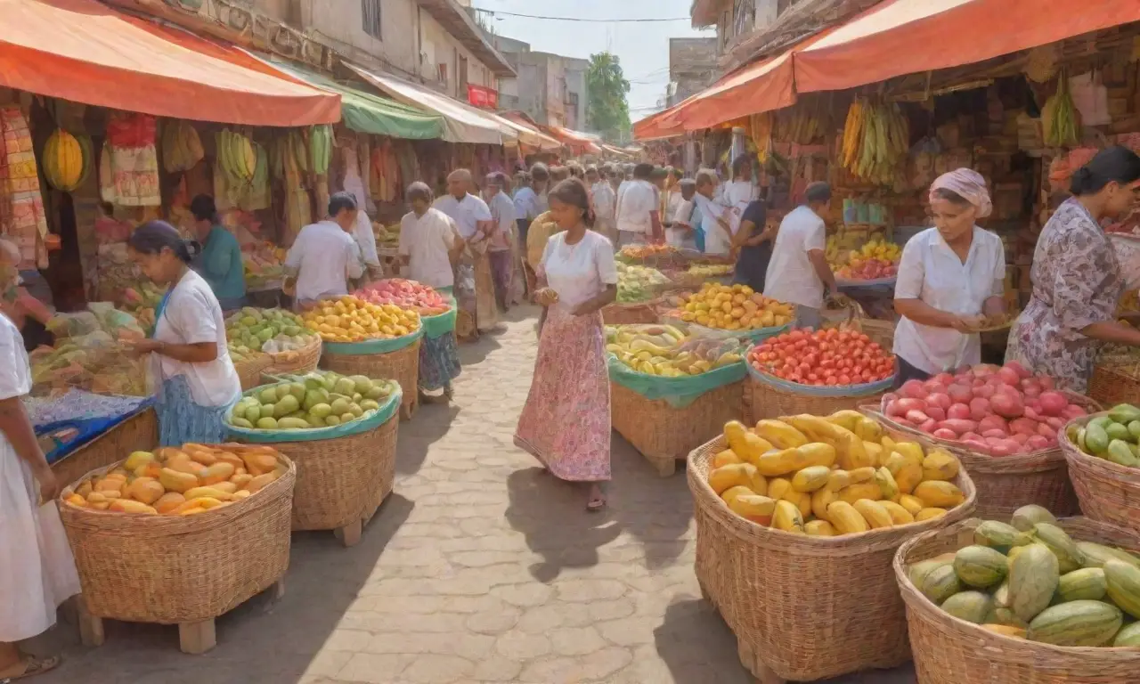 Escena de un vibrante mercado con coloridos puestos