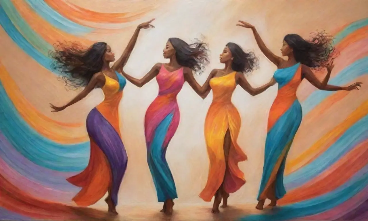 Colores vibrantes y figuras en movimiento crean una composición enérgica y dinámica