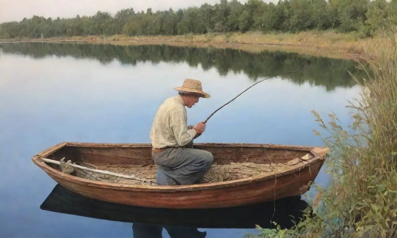 Un paisaje sereno con un pescador feliz en un bote de madera