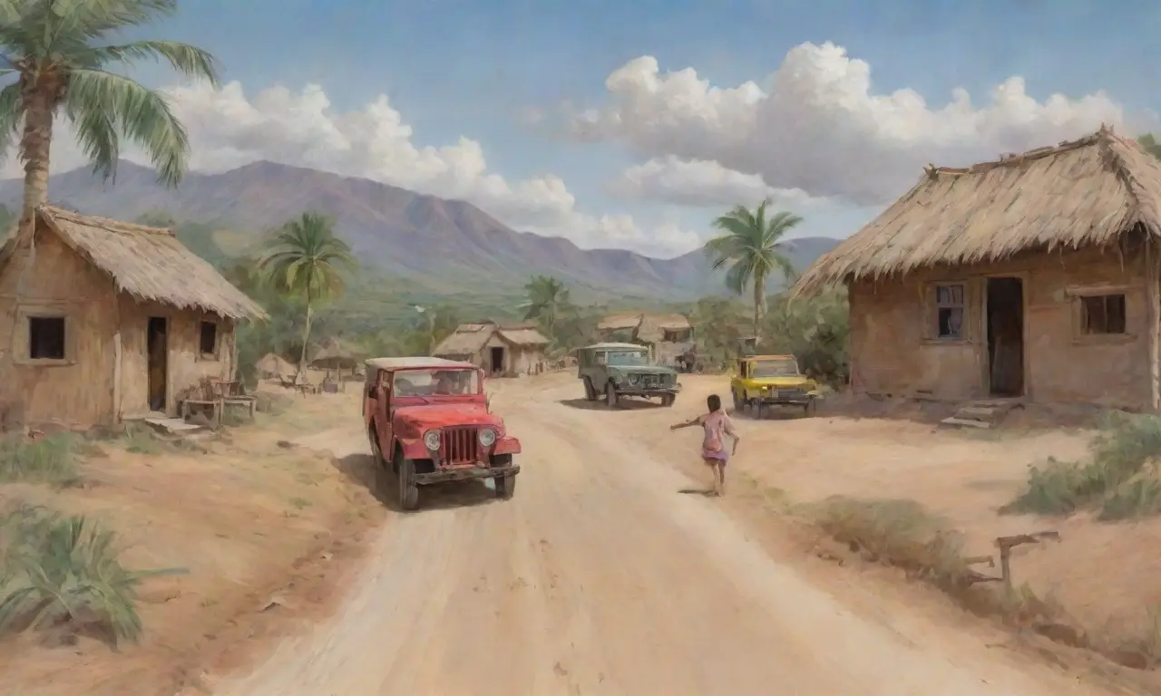Un jeep recorre sendas polvorientas mientras aldeanos saludan en un vibrante paisaje rural