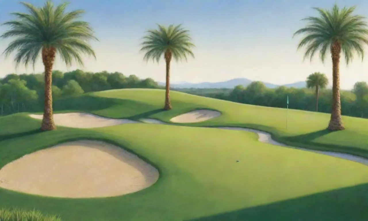 Un día soleado en un vibrante campo de golf con detalles ricos y armoniosos