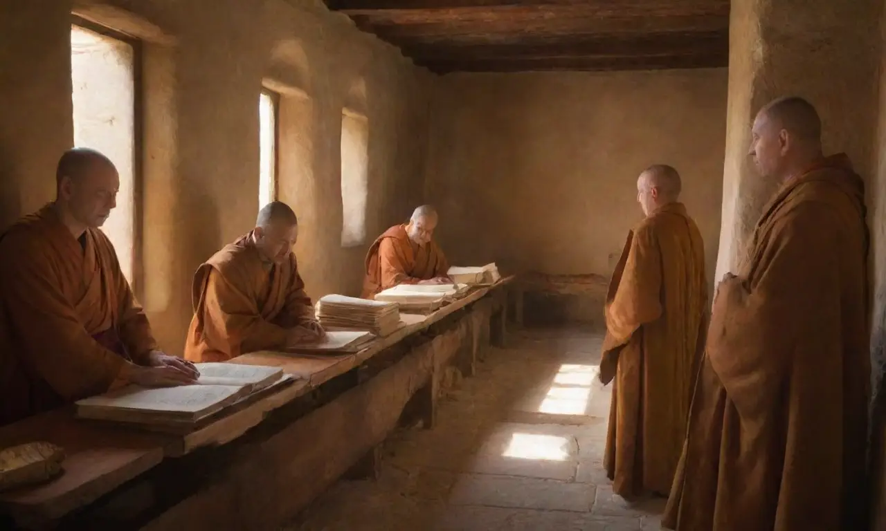 Monjes en túnicas fluidas rodeados de luz cálida y un ambiente sereno