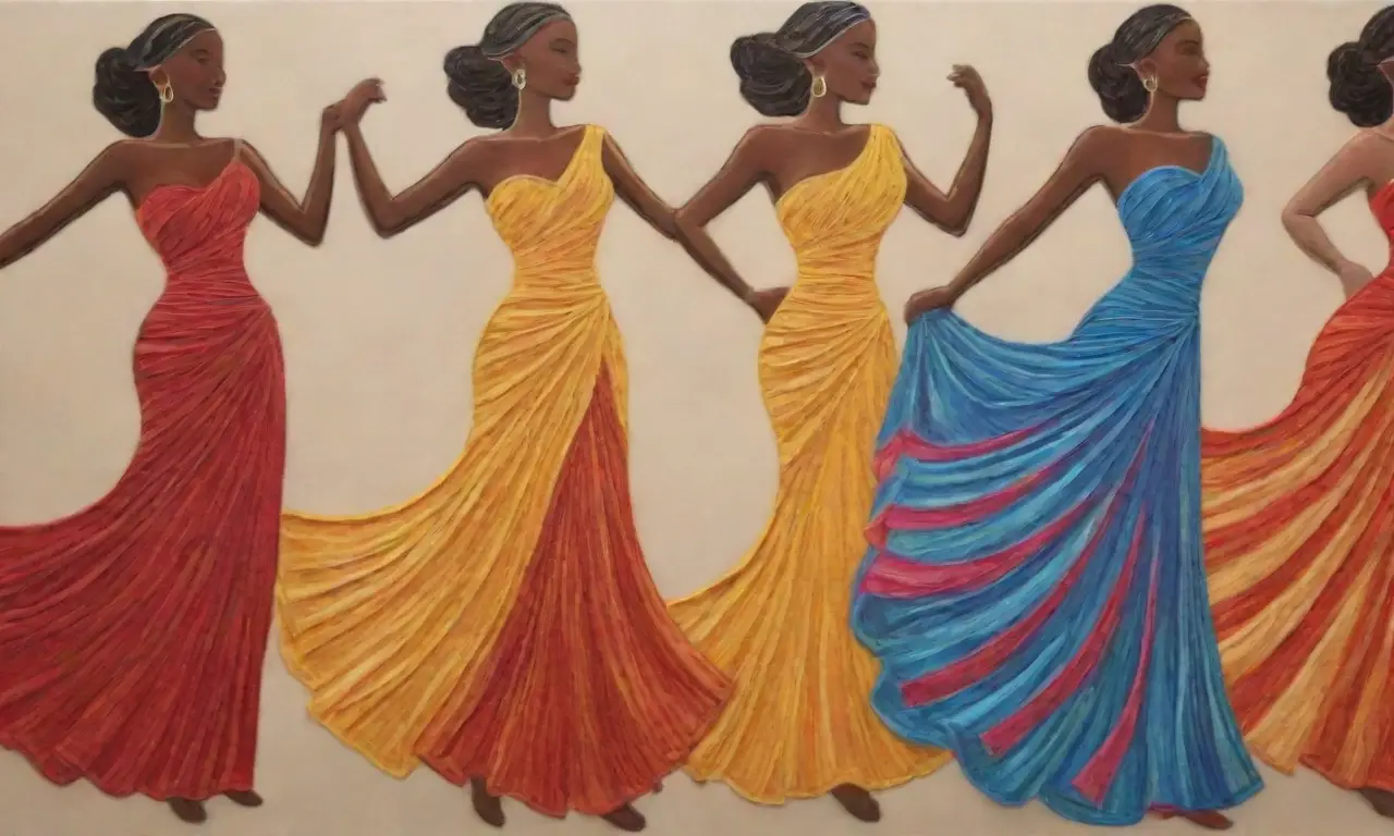 Bailarines vibrantes en vestidos fluidos transmiten alegría y ritmo con colores cálidos y detalles festivos