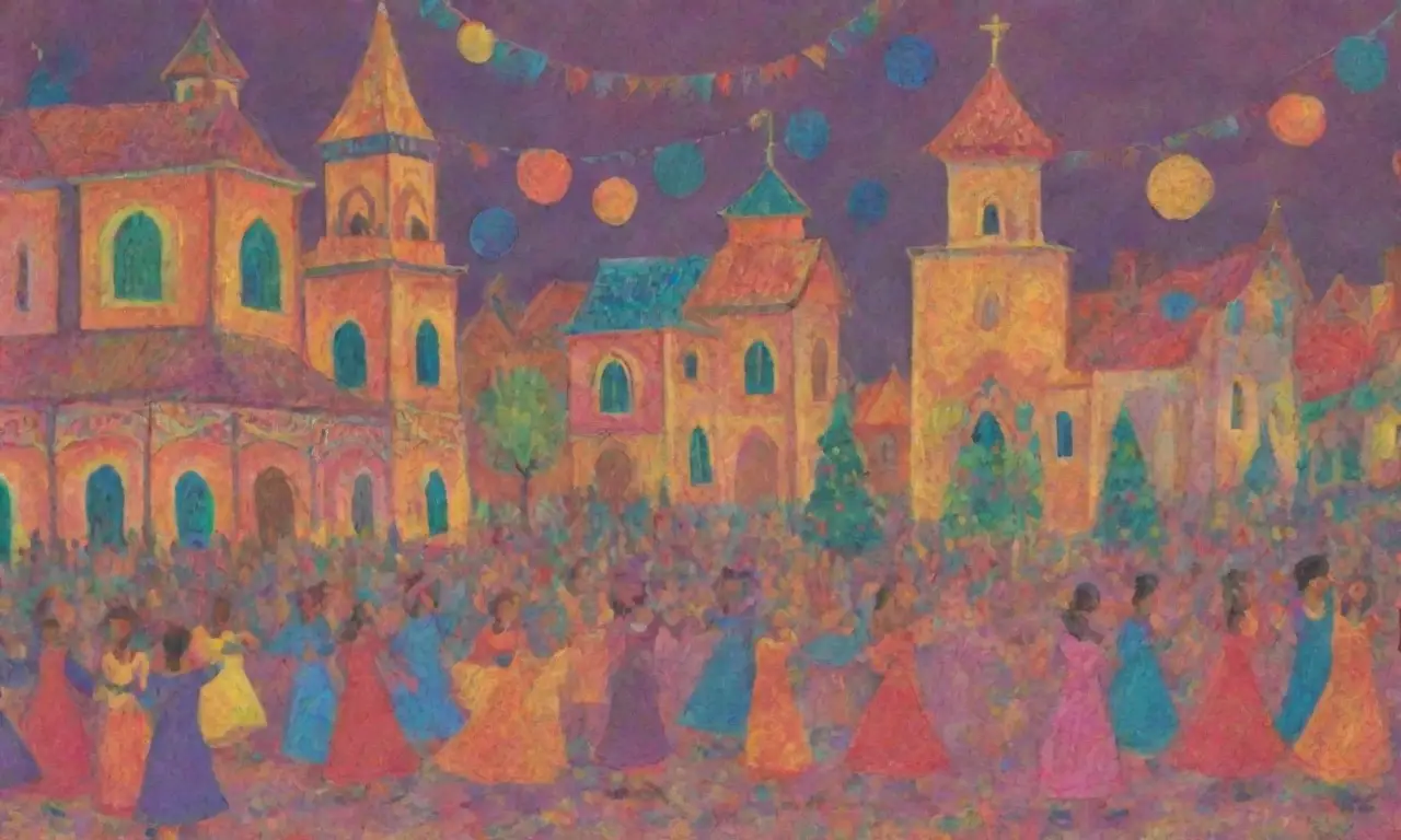 Colores vibrantes y detalles complejos crean una escena festiva llena de alegría y calidez comunitaria