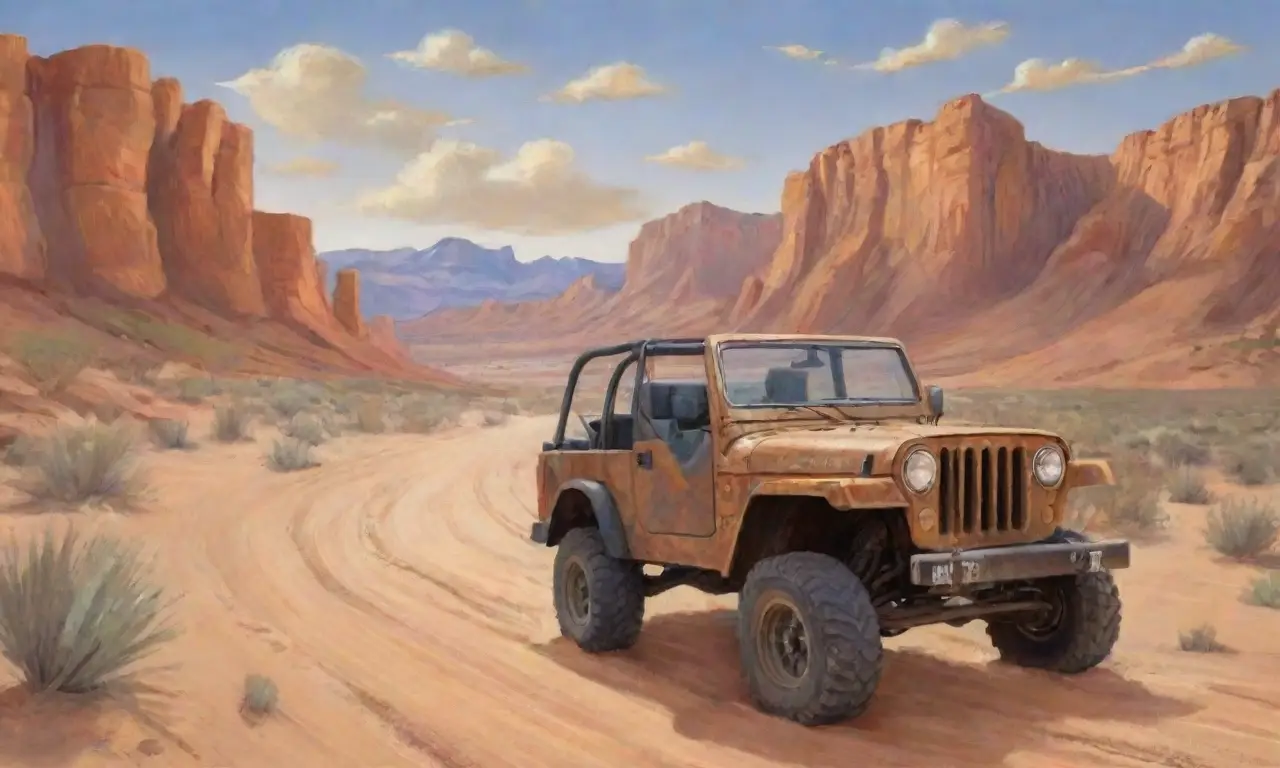 Un paisaje desértico vibrante con un jeep recorriendo senderos de arena