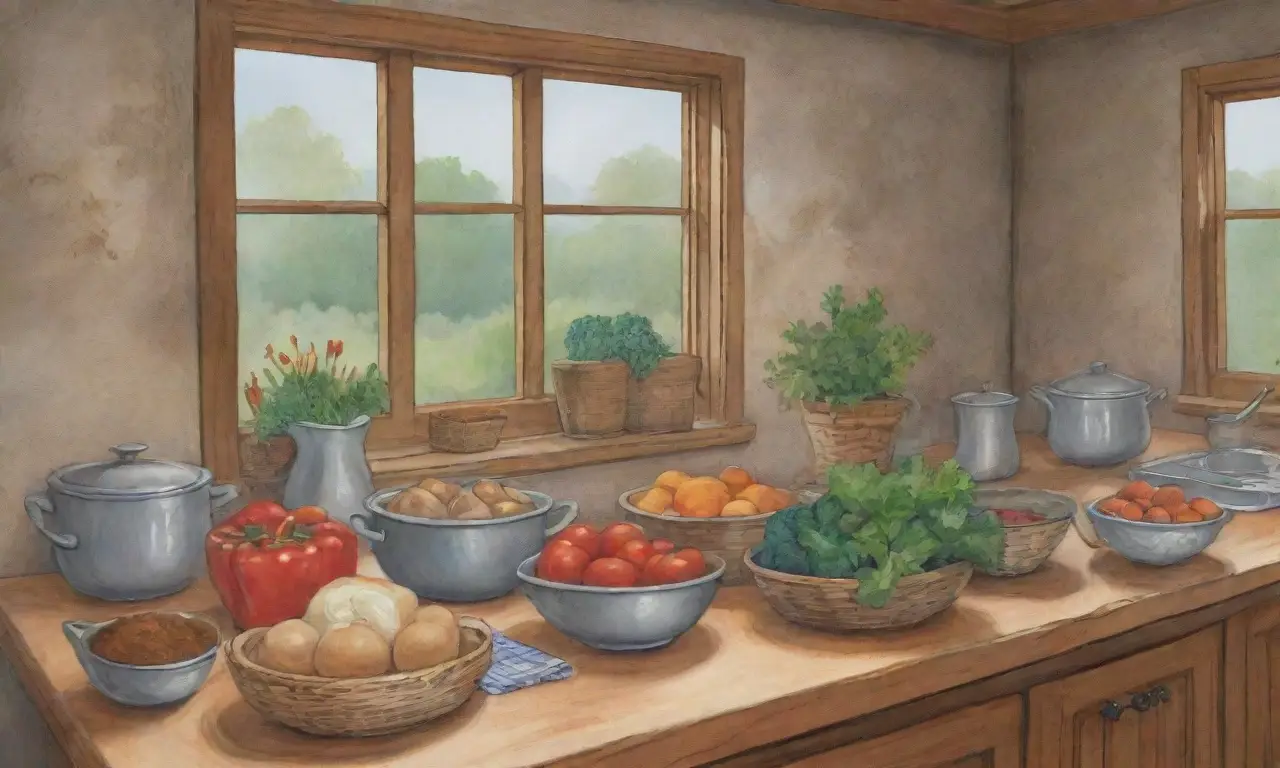 Una ilustración detallada de una cocina rústica con vegetales frescos