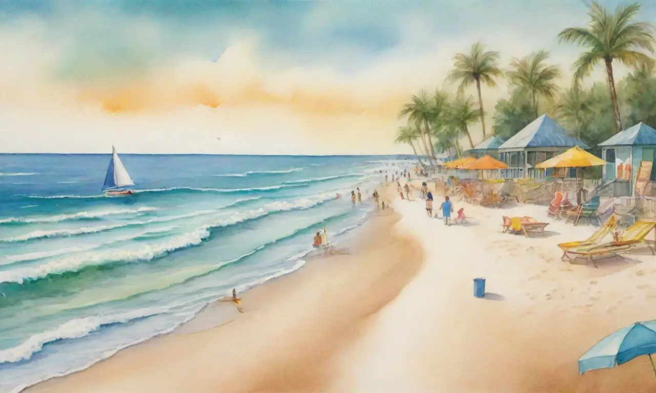 Una pintura vibrante que muestra un paisaje costero con matices de acuarela