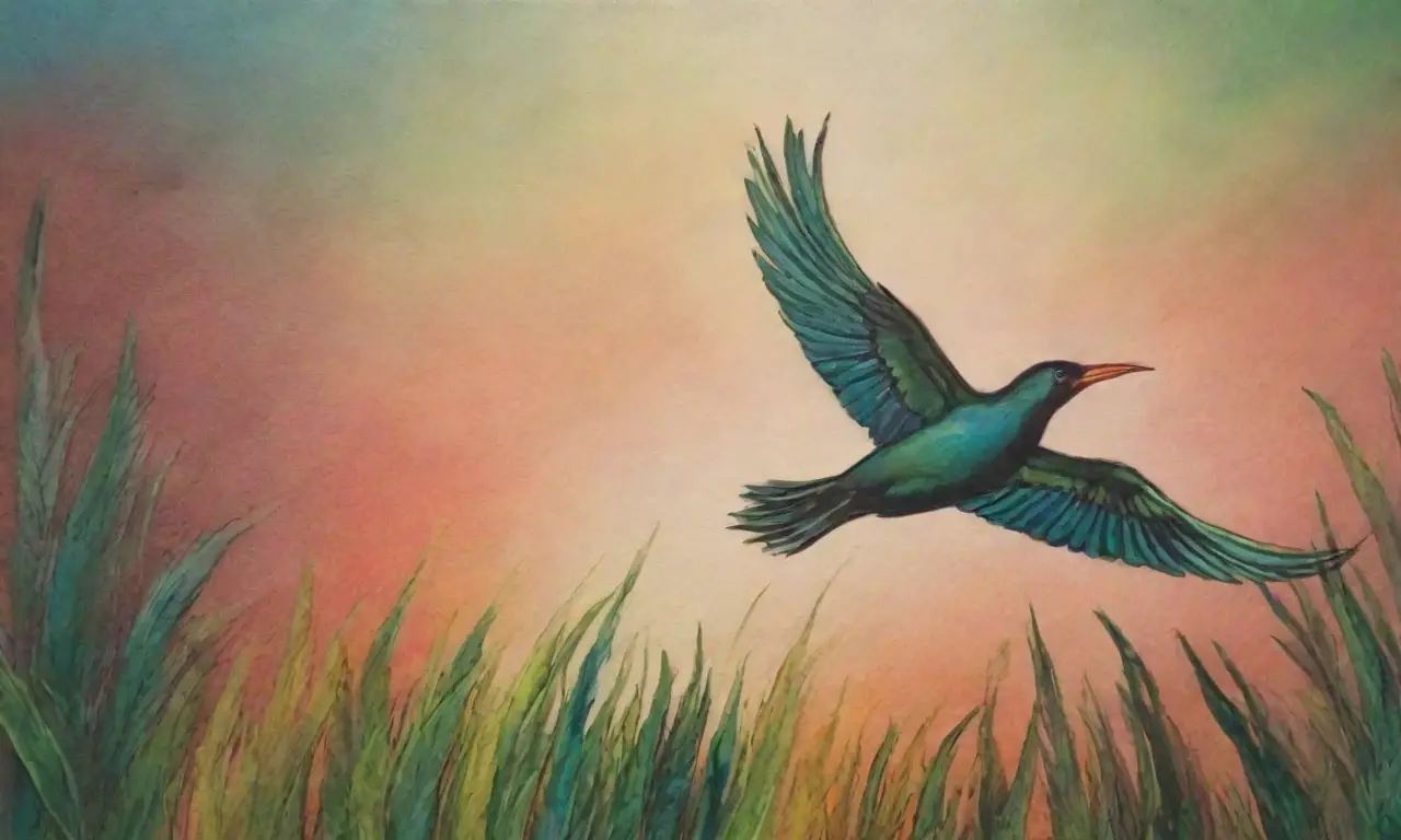 Pájaros vibrantes en vuelo sobre un fondo tropical con sombras y luz