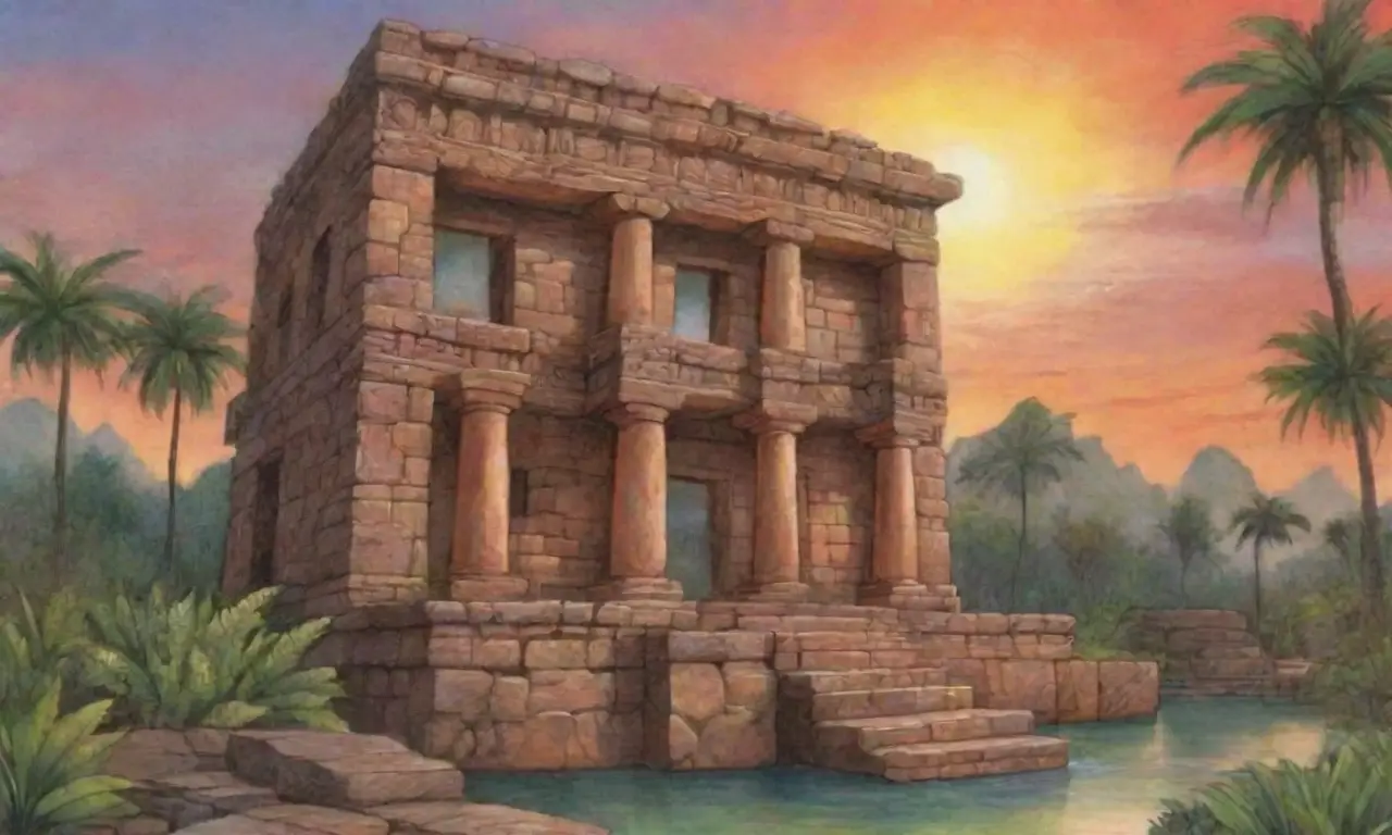Un paisaje artístico muestra ruinas ancestrales rodeadas de vegetación y un atardecer vibrante