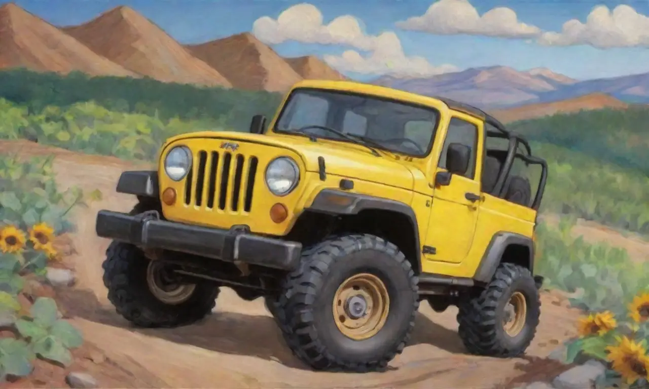 Un jeep vibrante se destaca en un paisaje lleno de vida y color