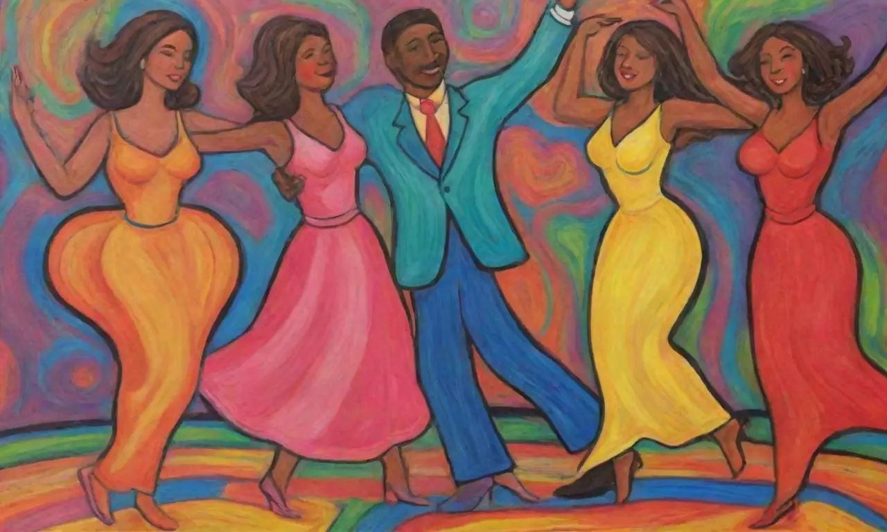 Colores vibrantes y formas dinámicas crean una composición festiva y armoniosa