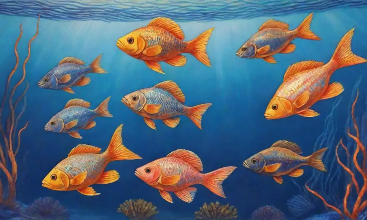 Captura una vibrante escena marina con colores azules y detalles de peces