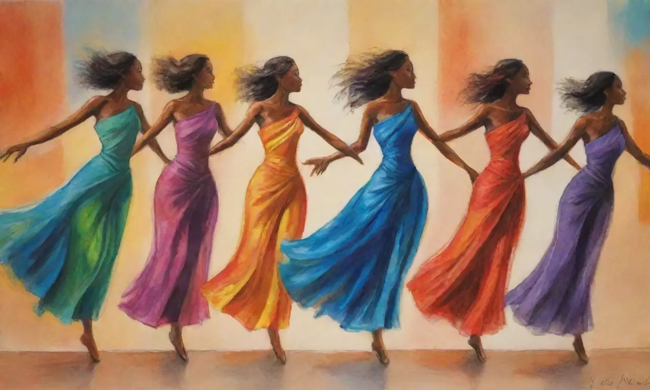 Bailarines dinámicos en trajes vibrantes expresan movimiento y emoción en un fondo cultural lleno de color