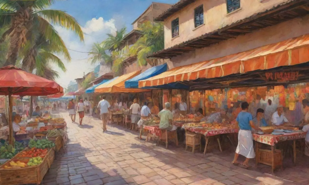 Un bullicioso mercado de comida vibrante con colores brillantes y texturas ricas