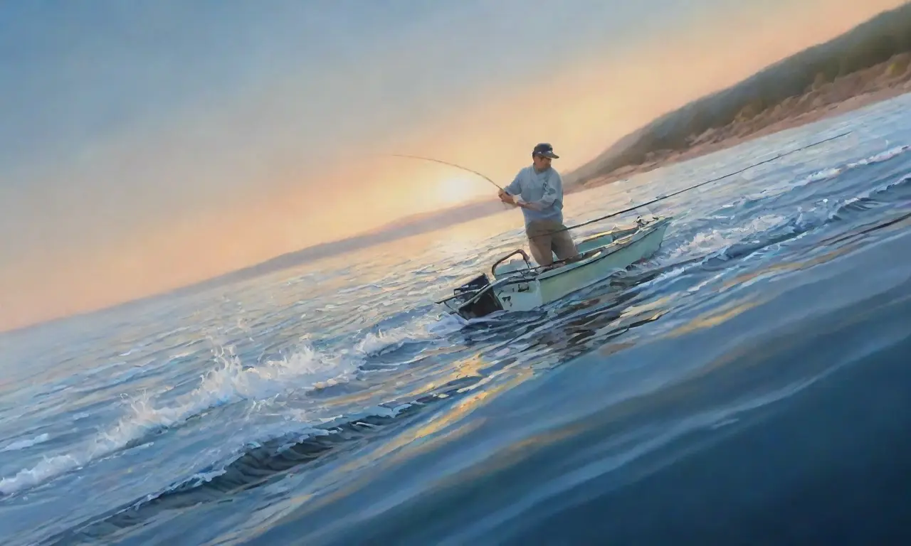 Una ilustración dinámica que captura la pesca con detalles de movimiento y luz en el océano