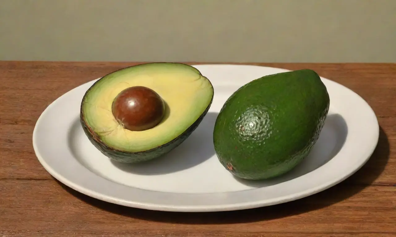 Un aguacate verde vibrante y suave se destaca sobre una mesa marrón