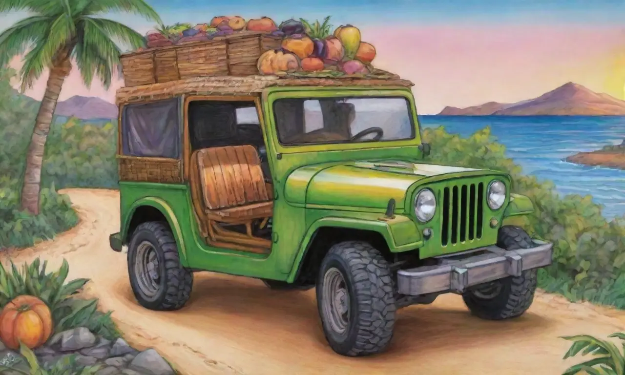 Un jeep destaca en un paisaje vibrante de la República Dominicana