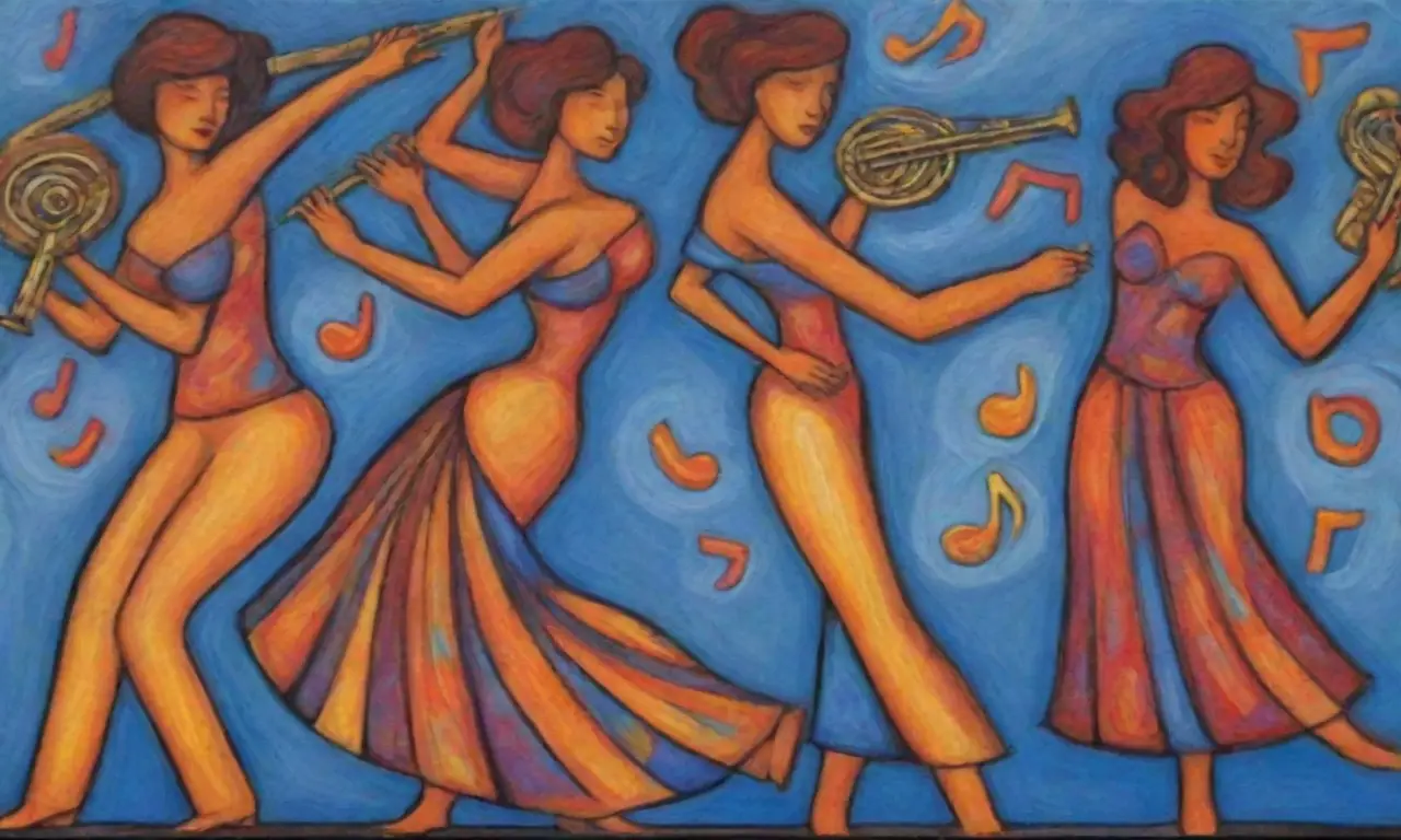 Líneas audaces y colores vibrantes transmiten energía y movimiento en una composición dinámica de músicos