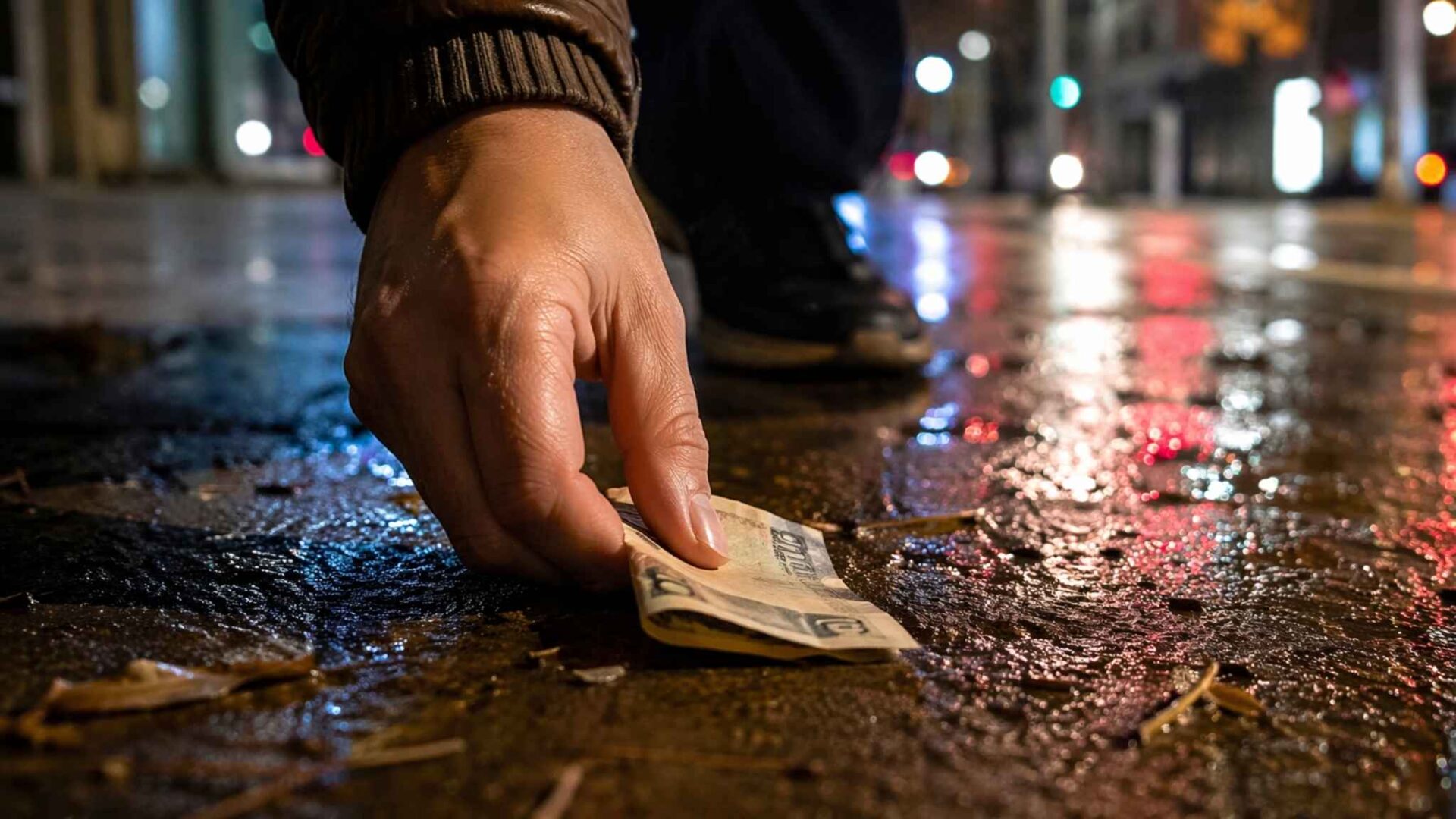 Persona recogiendo dinero del suelo en una calle iluminada de noche con ambiente urbano y reflejos de luz