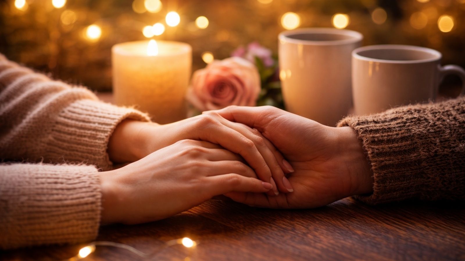 pareja tomada de las manos con ambiente cálido simbolizando el significado de la hora espejo 01:01 en el amor