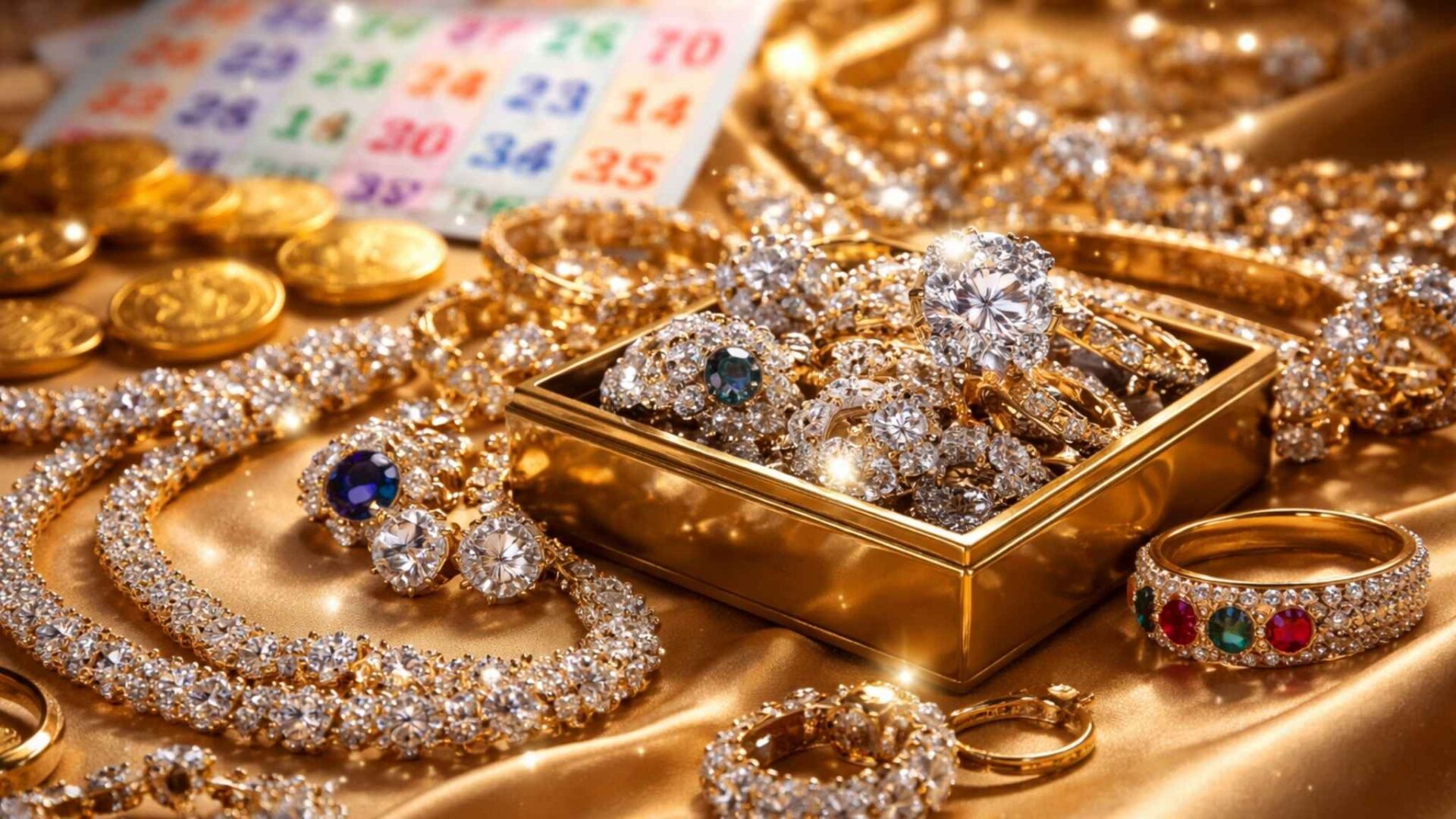 Joyas de lujo con diamantes y oro brillando sobre superficie elegante, representación visual de sueños relacionados con riqueza y números
