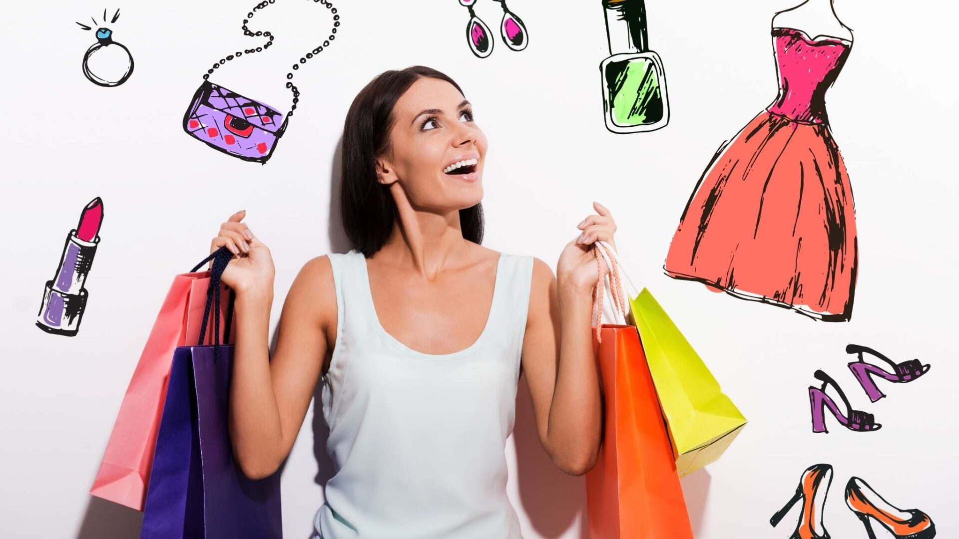 Mujer feliz con bolsas de compras rodeada de ilustraciones de ropa y accesorios representando sueños relacionados con compras y cambios personales