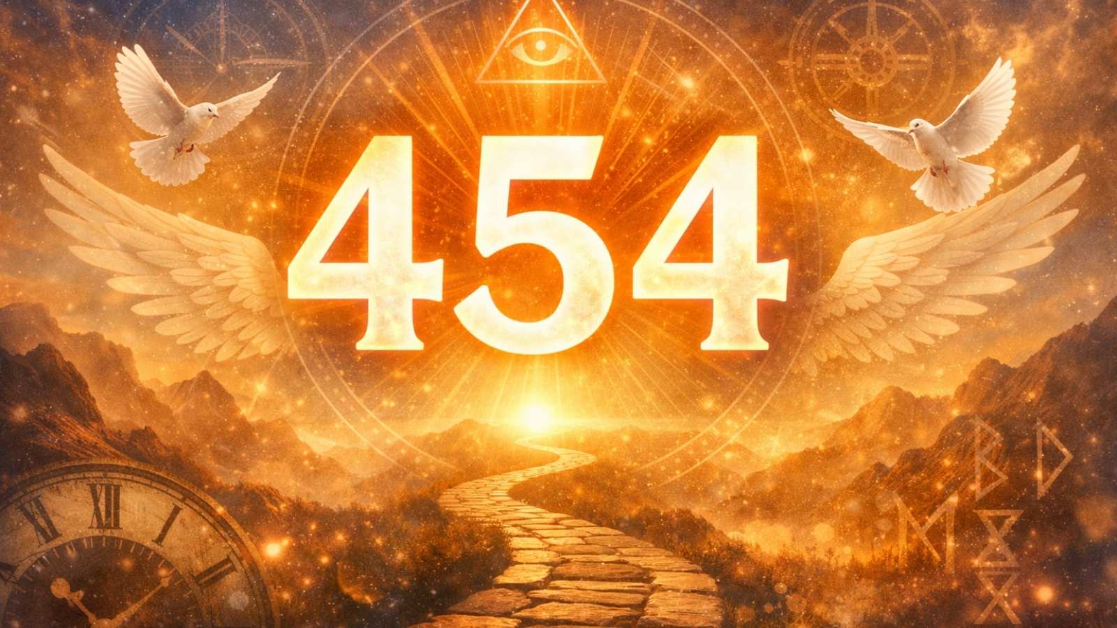 Número 454 con luz espiritual dorada representando cambio positivo, equilibrio y transformación personal en un entorno simbólico y energético