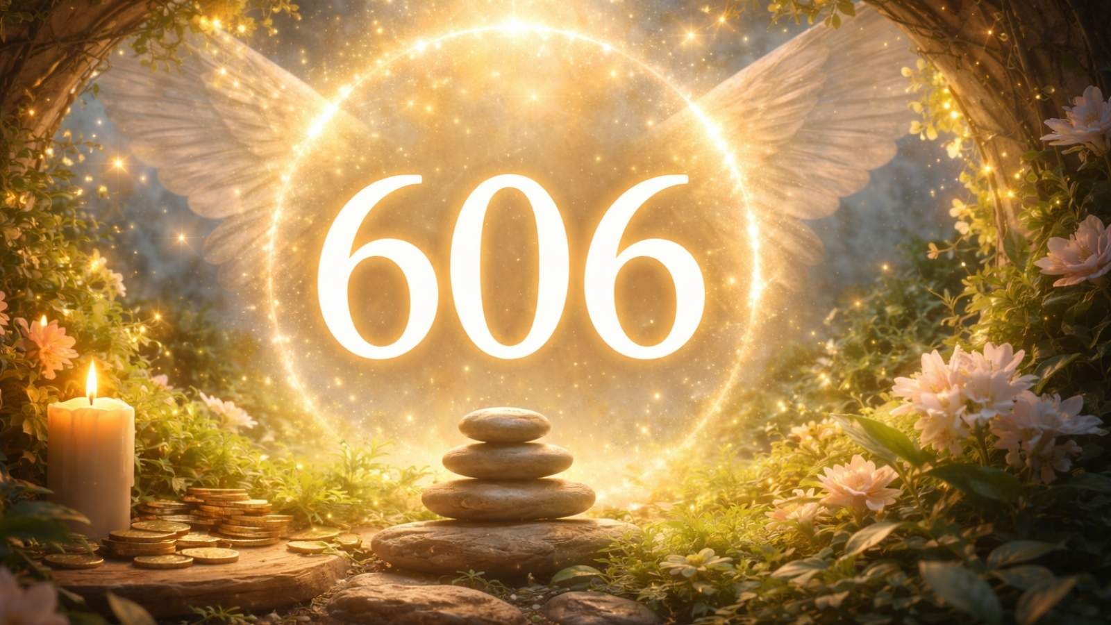 representación simbólica del número 606 con energía espiritual y equilibrio entre lo material y lo emocional en un entorno luminoso y armonioso