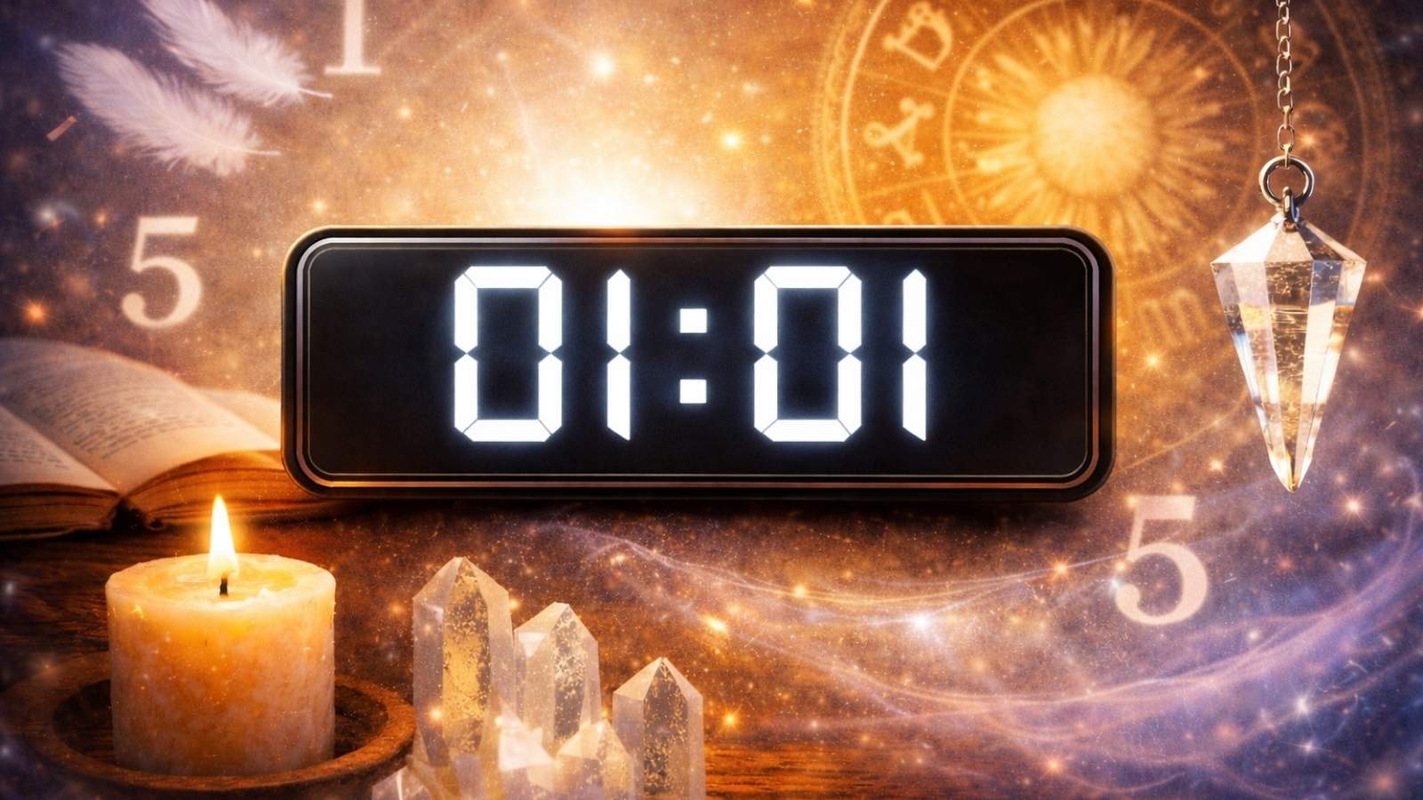 reloj digital marcando 01:01 con fondo místico representando hora espejo y simbolismo numerológico