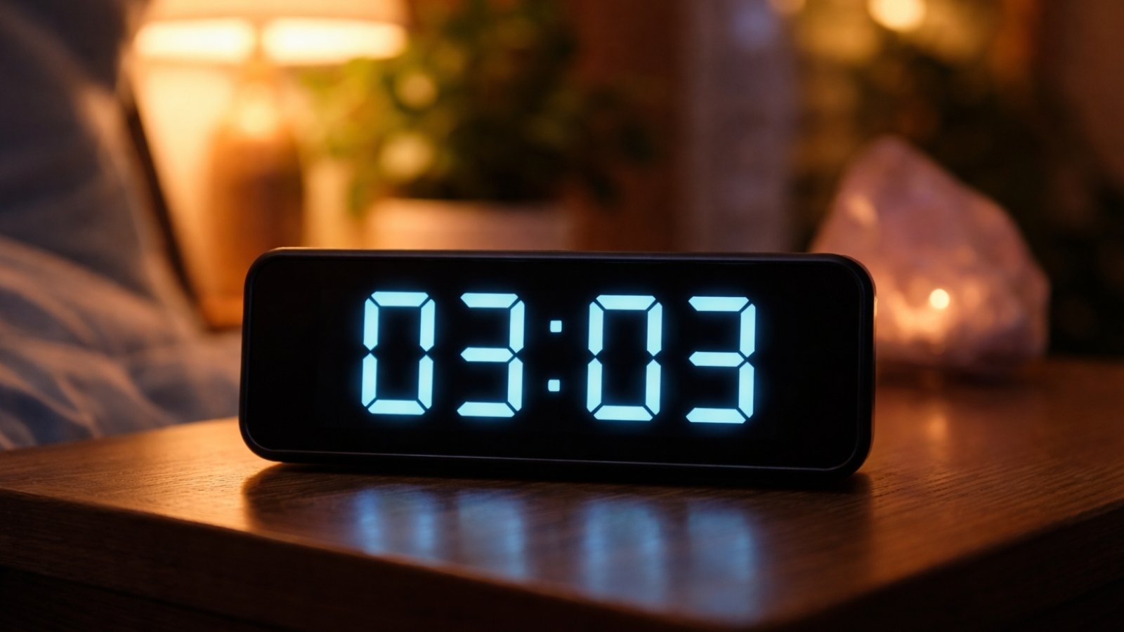 Reloj digital marcando 03:03 sobre mesa de noche en ambiente cálido y tenue