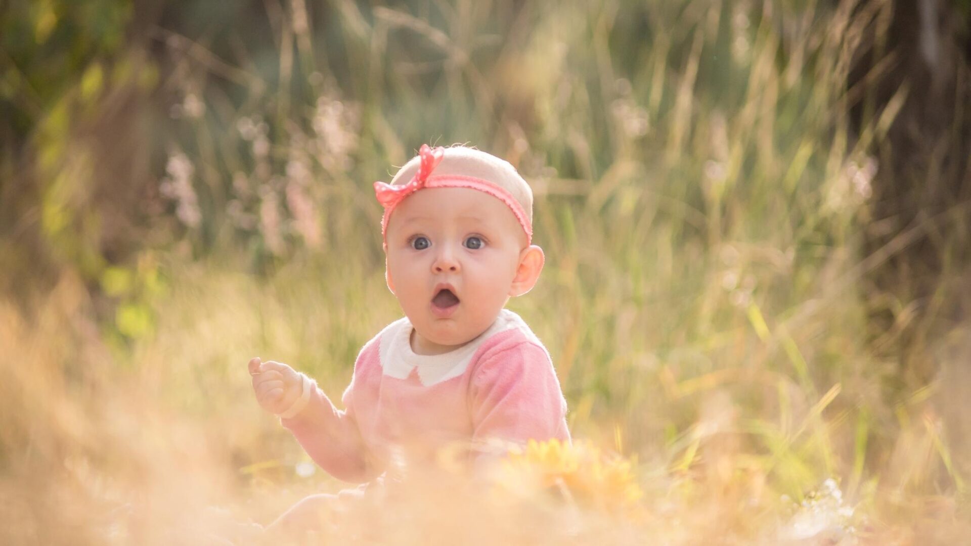 Bebé sorprendido sentado en el campo con luz natural cálida y fondo desenfocado