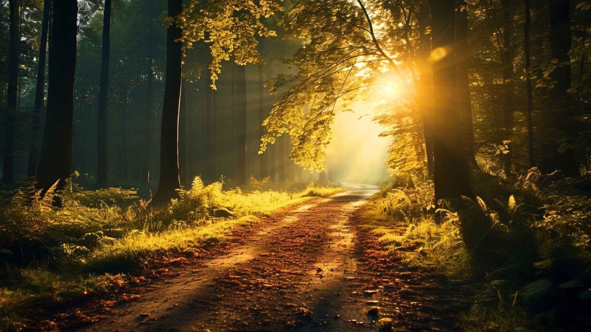 Camino en bosque iluminado por rayos de sol entre árboles y naturaleza