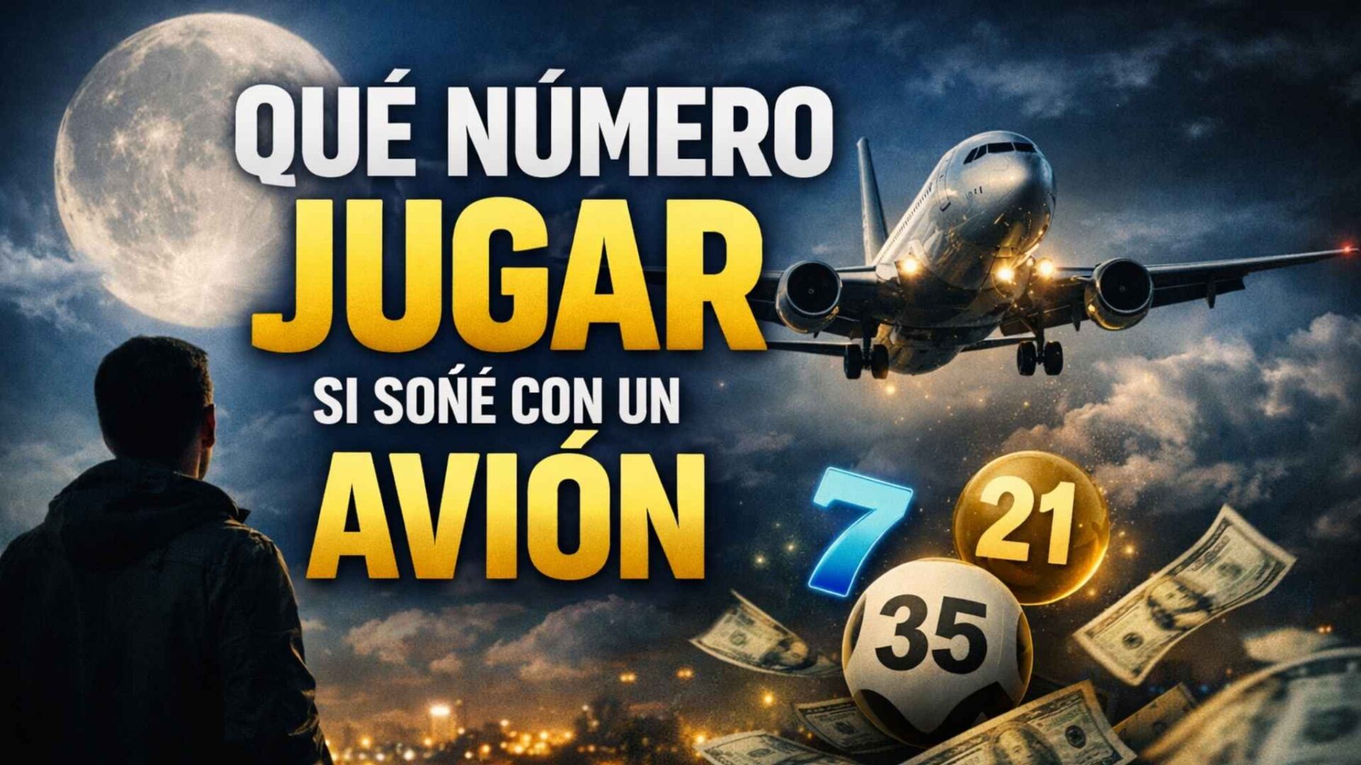 Qué número jugar si soñé con un avión, imagen llamativa con avión en el cielo nocturno y números brillantes