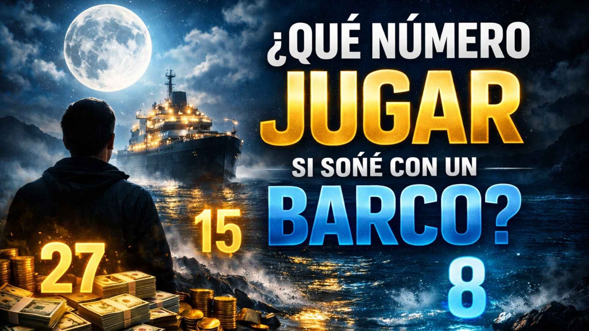 Qué número jugar si soñé con un barco, escena misteriosa con barco en el mar y números brillando en el cielo