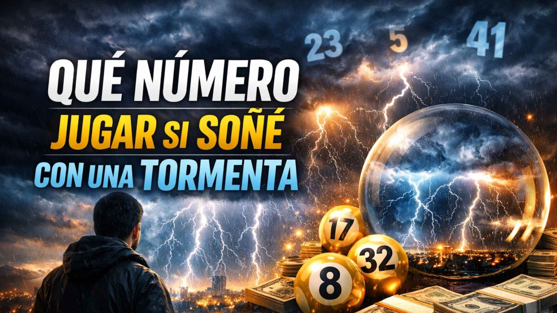 Qué número jugar si soñé con una tormenta, cielo oscuro con relámpagos y números brillando en escena misteriosa
