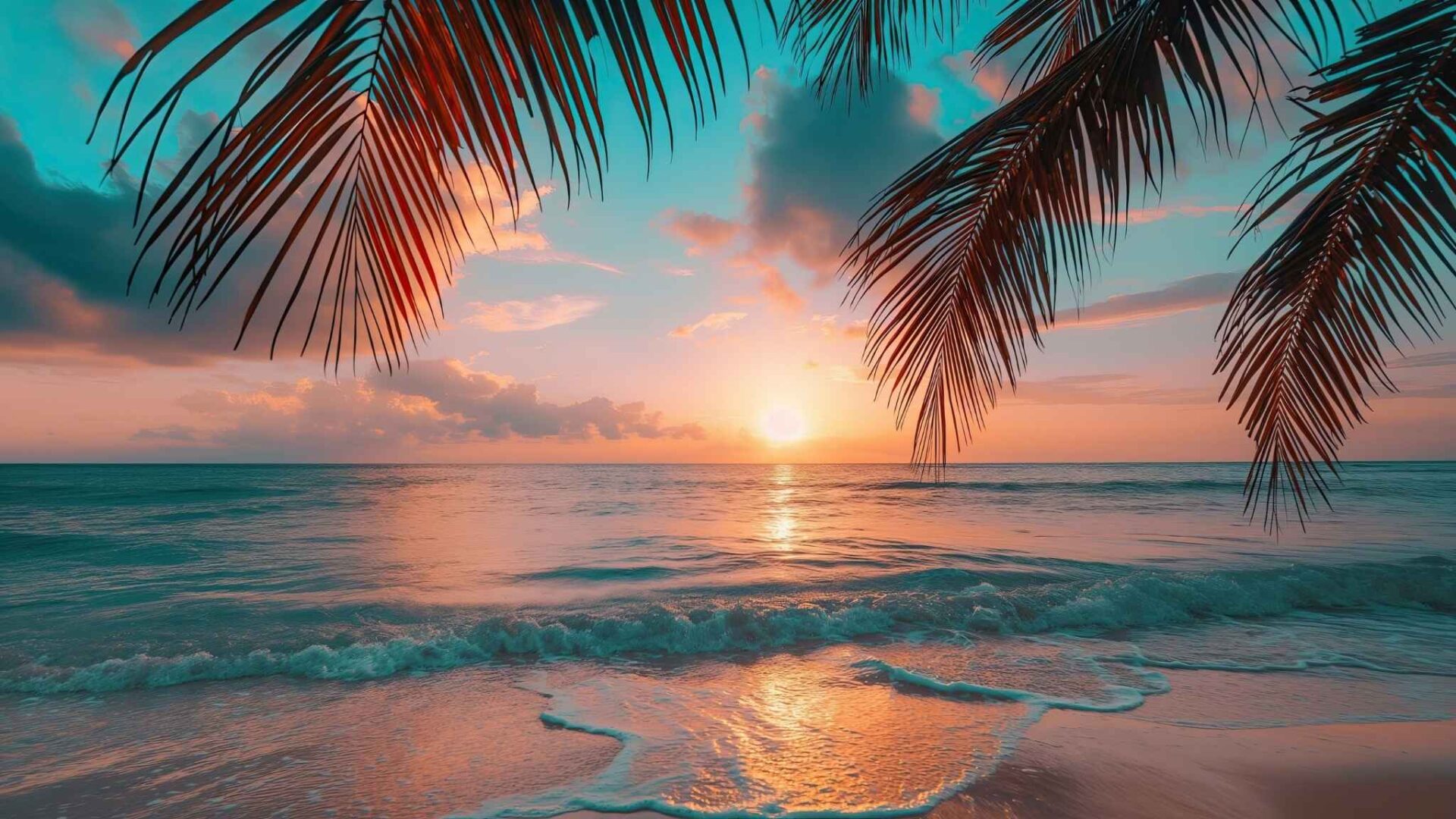 Atardecer en playa tropical con palmeras, olas suaves y cielo colorido