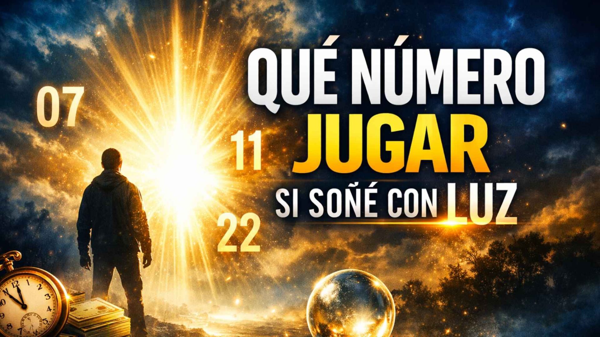 Persona observando una luz brillante en la oscuridad con números luminosos alrededor representando el significado de soñar con luz