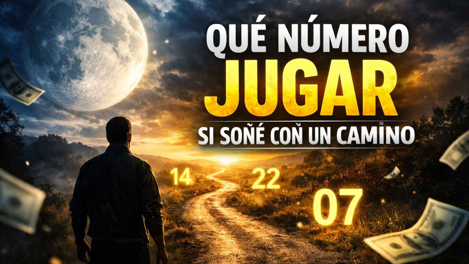 hombre observando un camino iluminado con numeros 07 14 22 en un paisaje nocturno simbolico del significado de soñar con un camino
