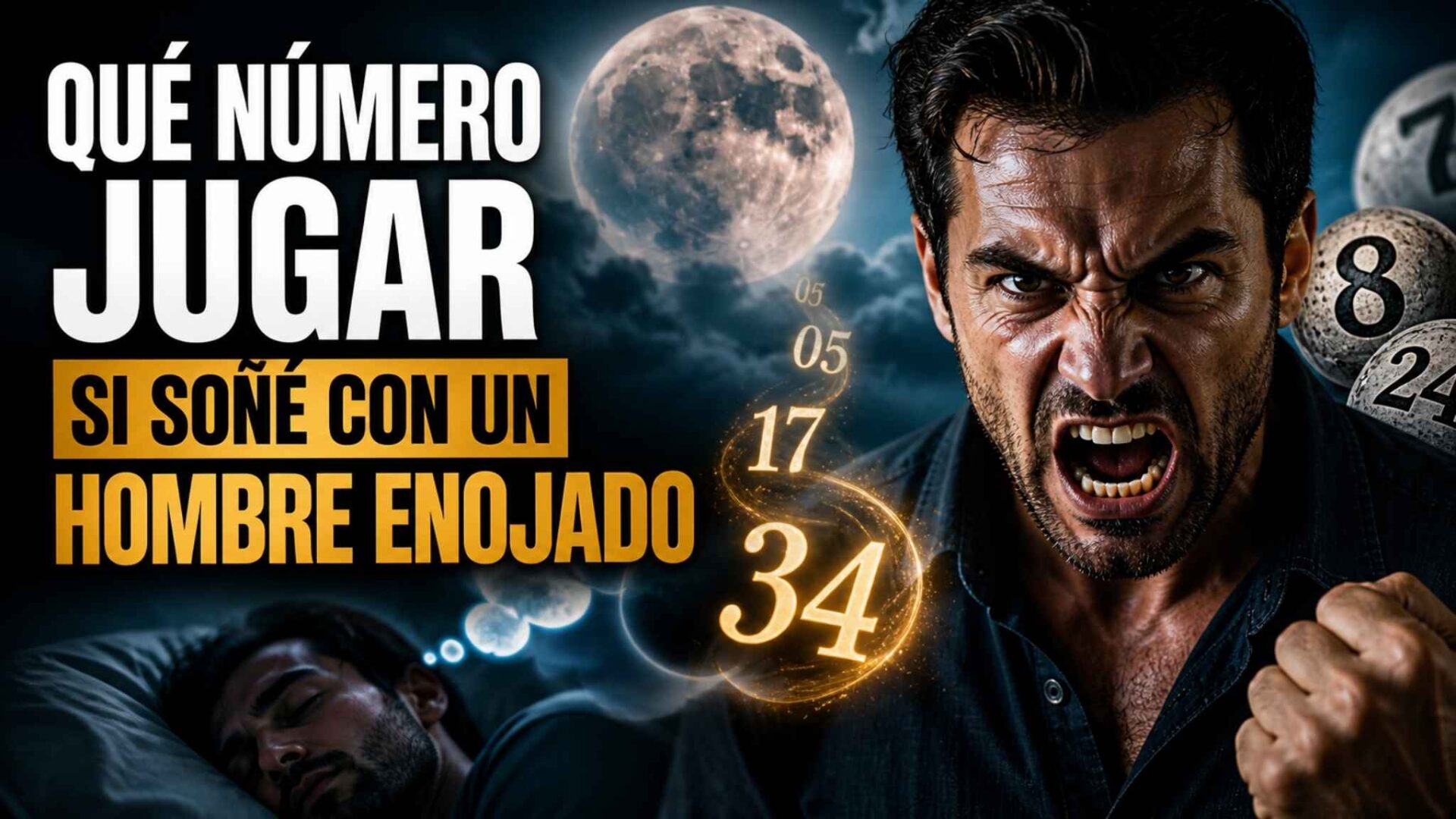 Hombre enojado en una escena misteriosa con números brillando alrededor y texto sobre qué número jugar según el sueño